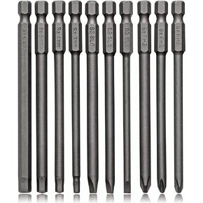 3-in-1 Assorted Long Screwdriver Bit Set Hex Slotted Phillips 10PCS 1/4 Inch Hex Shank 4 Inch/100 mm S2 Steel with Magnetic for Power Screwdriver Drill Impact Driver