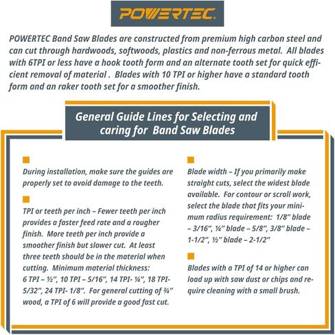 POWERTEC 56-1/8 Inch x 3/8 Inch x 6 TPI Bandsaw Blades for Woodworking, Band Saw Blades for Delta 28-180, 28-185, Pro-Tech and Ohio Forge 3-Wheel 10" Band Saw, 1 Pack (13161V) in Saudi Arabia