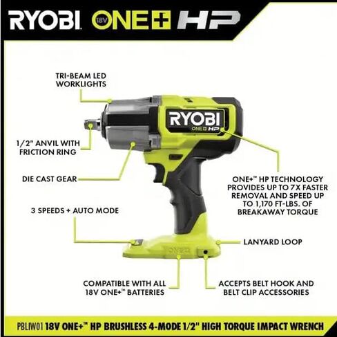 RYOBI ONE+ 18V Brushless Cordless 4-Mode 1/2 in. Impact Wrench Kit with 4.0 Battery and Charger (PBLIW01K1) in Saudi Arabia