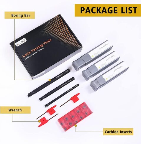 VerLich Metal Lathe Tools Boring Bar, Turning Tools Holder Set with 10pcs CCMT09T304 Carbide Inserts 4Pcs Wrenches (S12M SCLCR09/SCLCR1212H09/SCLCL1212H09/SCMCN1212H09) in Kuwait