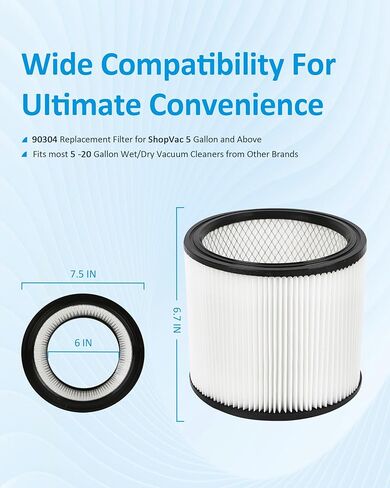 فلاتر خرطوشة مكونة من عبوتين تحل محل 90304، و90350، و9030400، و9030462 - متوافقة مع المكانس الكهربائية الرطبة/الجافة من Shop-Vac، وتناسب معظم 5 جالون فما فوق in Kuwait