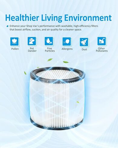 فلاتر خرطوشة مكونة من عبوتين تحل محل 90304، و90350، و9030400، و9030462 - متوافقة مع المكانس الكهربائية الرطبة/الجافة من Shop-Vac، وتناسب معظم 5 جالون فما فوق in Kuwait