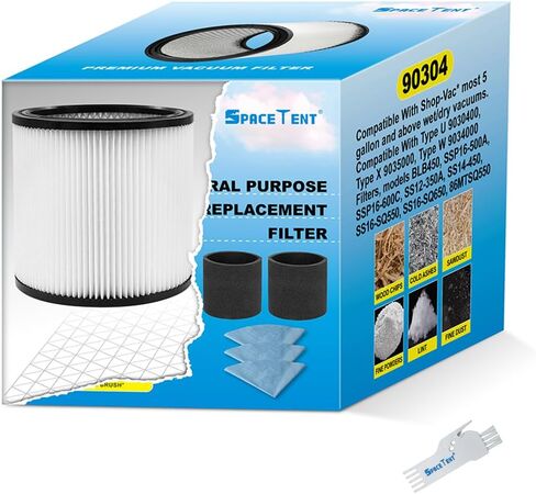 SpaceTent 1 PACK 90304 Shop Vac Filter + 2 PACK 90585 Foam Sleeve Filters + 3 PACK 90107 Paper Disc Filters، لمعظم المحلات Vac الرطبة / الجافة 5 جالون وما فوق، استبدال الأجزاء # 9030400، 9058500، 9010700 in Kuwait