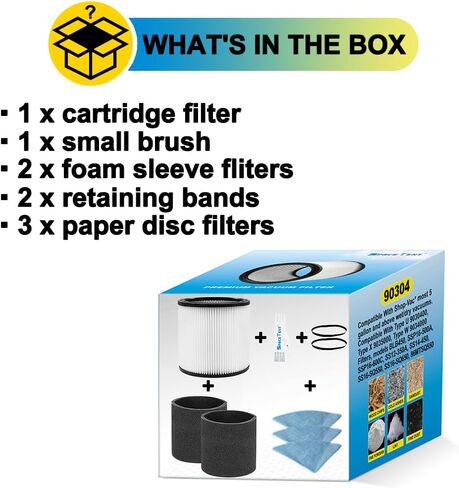 SpaceTent 1 PACK 90304 Shop Vac Filter + 2 PACK 90585 Foam Sleeve Filters + 3 PACK 90107 Paper Disc Filters، لمعظم المحلات Vac الرطبة / الجافة 5 جالون وما فوق، استبدال الأجزاء # 9030400، 9058500، 9010700 in Kuwait