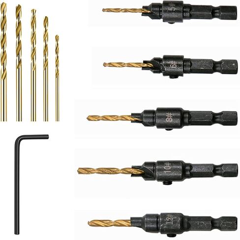 Onyehn 11pcs/Set Countersink Drill Kit Adjustable Center Drill Bit Carpentry Tools,5pcs Replacement Drill Bit Pilot Holes Hex Shank Screw Size #5#6#8#10#12 with Wrench in Saudi Arabia