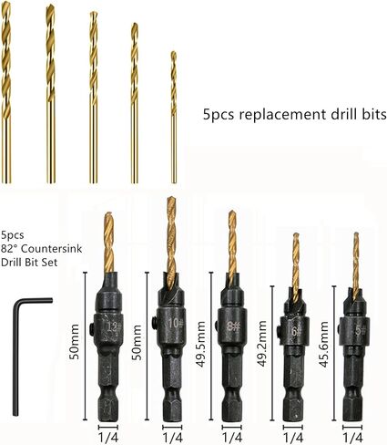 Onyehn 11pcs/Set Countersink Drill Kit Adjustable Center Drill Bit Carpentry Tools,5pcs Replacement Drill Bit Pilot Holes Hex Shank Screw Size #5#6#8#10#12 with Wrench in Saudi Arabia