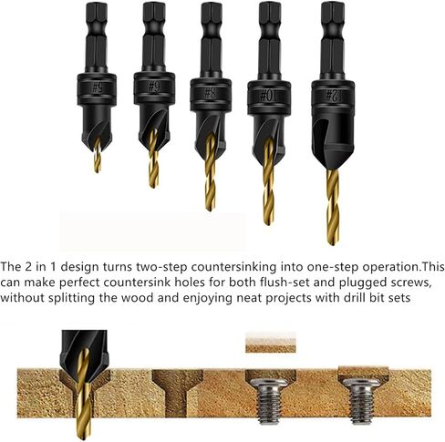 Onyehn 11pcs/Set Countersink Drill Kit Adjustable Center Drill Bit Carpentry Tools,5pcs Replacement Drill Bit Pilot Holes Hex Shank Screw Size #5#6#8#10#12 with Wrench in Saudi Arabia