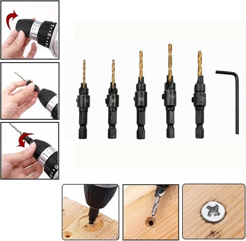 Onyehn 11pcs/Set Countersink Drill Kit Adjustable Center Drill Bit Carpentry Tools,5pcs Replacement Drill Bit Pilot Holes Hex Shank Screw Size #5#6#8#10#12 with Wrench in Saudi Arabia
