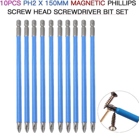 12pcs PH2 Magnetic Phillips Screw Head Screwdriver Bit Set, Alloy Steel PH2 X 50mm Long Phillips Drill Bits, 1/4 Hex Shank Anti Slip Phillips Head Drill Bits for Electric Hand Screwdrivers in Kuwait