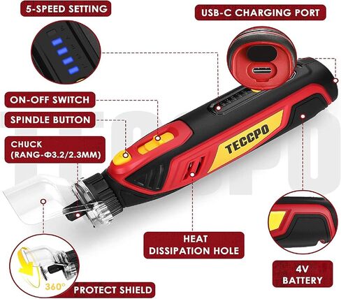 أداة دوارة لاسلكية 4 فولت، أداة دوارة صغيرة ذات 5 سرعات 25000 دورة في الدقيقة TECCPO مع 53 ملحقًا، أداة دوارة قابلة لإعادة الشحن للطحن والتلميع ونحت الخشب والنقش وحفر المعادن الناعمة والقطع in Kuwait