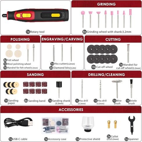 أداة دوارة لاسلكية 4 فولت، أداة دوارة صغيرة ذات 5 سرعات 25000 دورة في الدقيقة TECCPO مع 53 ملحقًا، أداة دوارة قابلة لإعادة الشحن للطحن والتلميع ونحت الخشب والنقش وحفر المعادن الناعمة والقطع in Kuwait