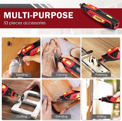 أداة دوارة لاسلكية 4 فولت، أداة دوارة صغيرة ذات 5 سرعات 25000 دورة في الدقيقة TECCPO مع 53 ملحقًا، أداة دوارة قابلة لإعادة الشحن للطحن والتلميع ونحت الخشب والنقش وحفر المعادن الناعمة والقطع in Kuwait