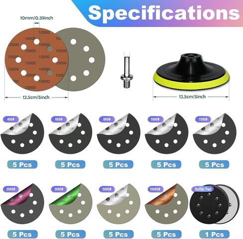45PCS 5 Inch 8 Hole Wet Dry Sanding Discs Kit, Hook and Loop Sandpaper with Backing Pad M10 and Foam, 400 to 10000 Grit Angle Grinder Attachment, Sanding Sheet Set for Orbital Sander Car Wood Metal in Saudi Arabia