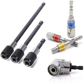 QISF Extension Bar Hex Shank Socket Adapter Drill Bit, 3Pcs Impact Socket Square Nut Driver Bit + 3Pcs 1/4 Hex Shank Screwdriver Bit Holder + 1Pcs 1/4 Hex 105 Degree Right Angle Drill Attachment