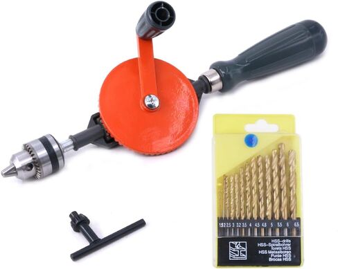Swpeet Powerful Speedy Hand Drill 1/4-Inch Capacity with 13Pcs Drill Bit Set, Mini Hand Drill Manual ¼ inch with Finely Cast Steel Double Pinions Design, Chucks and Grip Handle for Woods, Plastics in Saudi Arabia