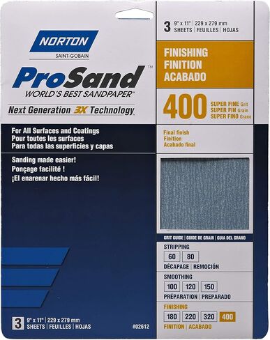 Norton Sandpaper, ProSand Sand Paper for Wood, Metal and Fiberglass, 400 Grit Sanding Sheets, Fine Sandpaper, Pack of 3 in Saudi Arabia