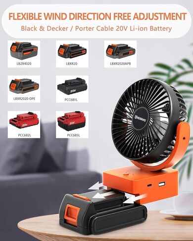 مروحة محمولة قابلة لاعادة الشحن تعمل مع كيبل بلاك اند ديكر/بورتر ببطارية ليثيوم ايون بحد اقصى 20 فولت، مروحة تعمل بالبطارية مع 3 سرعات تحكم، USB + نوع C (البطارية غير متضمنة) in Kuwait