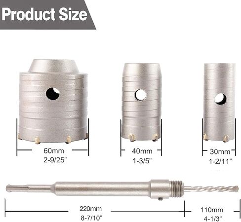 Toolly Concrete Hole Saw Kit, 30mm 40mm 60mm Tungsten Steel SDS Plus Shank Wall Hole Cutter Cement Stone Drill Bit Set with 220mm Connecting Rod for Cement Wall Masonry Foam Brick in Saudi Arabia