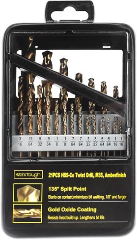 مجموعة لقم مثقاب من التيتانيوم من werktough - 21 قطعة M35 Co 5% فولاذ عالي السرعة HSS لسبائك الفولاذ والمعادن الصلبة الأخرى، أرضية بالكامل مع لقم ثقب مقسمة بزاوية 135 درجة في صندوق معدني فاخر in Kuwait
