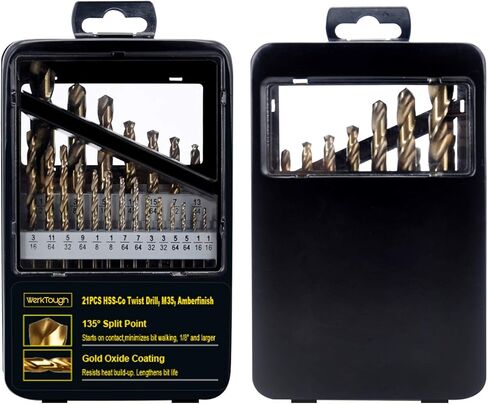 مجموعة لقم مثقاب من التيتانيوم من werktough - 21 قطعة M35 Co 5% فولاذ عالي السرعة HSS لسبائك الفولاذ والمعادن الصلبة الأخرى، أرضية بالكامل مع لقم ثقب مقسمة بزاوية 135 درجة في صندوق معدني فاخر in Kuwait