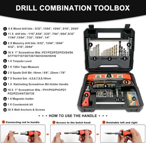 VEHIMACH مجموعة لقم المثقاب، مجموعة 100 قطعة لقم المثقاب لسائق المثقاب، مجموعة لقم مثقاب الطاقة لحفر الأسمنت المعدني الخشبي، مجموعات لقمة الحفر مجموعة كومبو in Kuwait