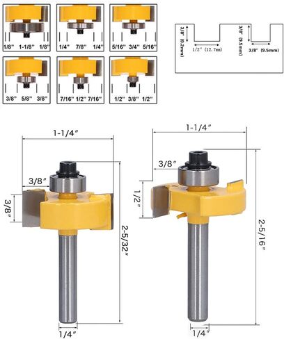 Rabbet Router Bit 1/4 Inch Shank with 6 Bearings Set for Multiple Depths (1/8", 1/4", 5/16", 3/8", 7/16", 1/2" Interchangeable and Adjustable Bearings) in Saudi Arabia