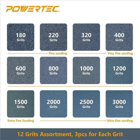 POWERTEC 471001 ورق صنفرة رطب وجاف، حبيبات متنوعة، 9 بوصة × 3.6 بوصة، 36 قطعة، 4 قطع من كل منها 400/600/800/1000/1200/1500/2000/2500/3000 in Saudi Arabia