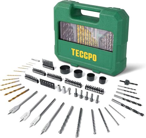 مجموعة لقم المثقاب، مجموعة لقم مفك البراغي TECCPO، ملحقات 100 قطعة، مجموعة لقم مثقاب من التيتانيوم الماسوني، 1/16 بوصة - 1/4 بوصة من سبائك الألومنيوم التيتانيوم، مجموعة لقم مثقاب ذات طرف سريع للمعادن والخشب والبناء مع حقيبة تخزين in Kuwait