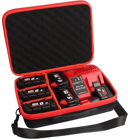 Xinriga Waterproof Battery Case for Milwaukee M12 M18 Lithium-Ion and Power Tool, Batteries Charger Organizer Carrying Box Holds 18V 12V 2.0/3.0/4.0/6.5/5.0/8.0/6.0/9.0/12.0-Ah Adapter Red(Case Only) in Kuwait