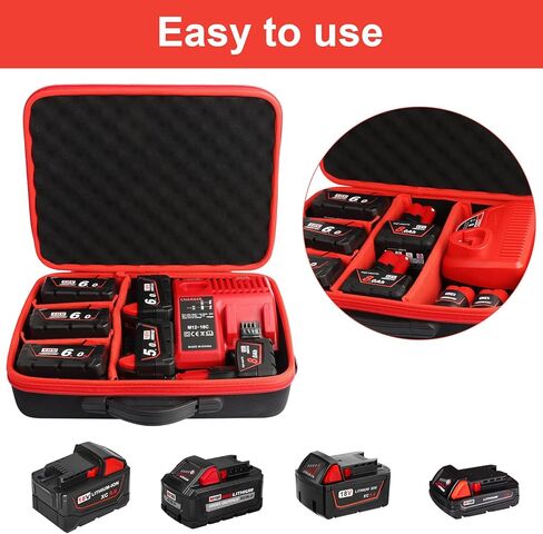 Xinriga Waterproof Battery Case for Milwaukee M12 M18 Lithium-Ion and Power Tool, Batteries Charger Organizer Carrying Box Holds 18V 12V 2.0/3.0/4.0/6.5/5.0/8.0/6.0/9.0/12.0-Ah Adapter Red(Case Only) in Kuwait