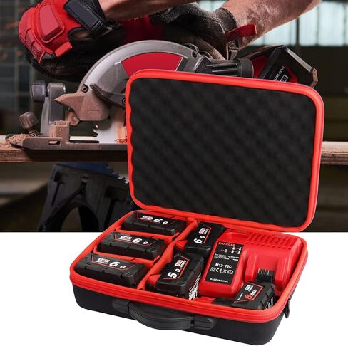 Xinriga Waterproof Battery Case for Milwaukee M12 M18 Lithium-Ion and Power Tool, Batteries Charger Organizer Carrying Box Holds 18V 12V 2.0/3.0/4.0/6.5/5.0/8.0/6.0/9.0/12.0-Ah Adapter Red(Case Only) in Kuwait