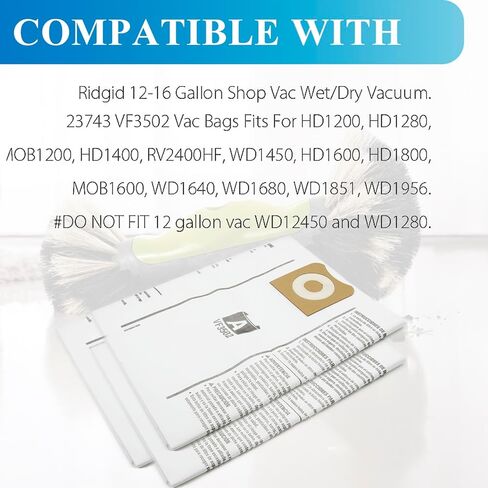 8 عبوات 23743 VF3502 Shop Vac استبدال أكياس Fiter متوافقة مع مكنسة Ridgid سعة 12-16 جالون الرطب والجاف in Kuwait