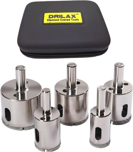 Drilax Diamond Hole Saw Drill Bit Set Longer Tall Version 3/4, 1, 1-3/16, 1- 3/8, 1-5/8 Inch Quartz Granite 3cm Thick Counter-top Ceramic Porcelain Tile 5 Pieces Set Insert Guide Included in Saudi Arabia