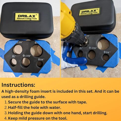 Drilax Diamond Hole Saw Drill Bit Set Longer Tall Version 3/4, 1, 1-3/16, 1- 3/8, 1-5/8 Inch Quartz Granite 3cm Thick Counter-top Ceramic Porcelain Tile 5 Pieces Set Insert Guide Included in Saudi Arabia
