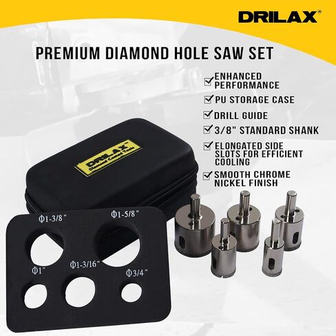 Drilax Diamond Hole Saw Drill Bit Set Longer Tall Version 3/4, 1, 1-3/16, 1- 3/8, 1-5/8 Inch Quartz Granite 3cm Thick Counter-top Ceramic Porcelain Tile 5 Pieces Set Insert Guide Included in Saudi Arabia