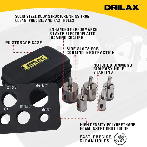 Drilax Diamond Hole Saw Drill Bit Set Longer Tall Version 3/4, 1, 1-3/16, 1- 3/8, 1-5/8 Inch Quartz Granite 3cm Thick Counter-top Ceramic Porcelain Tile 5 Pieces Set Insert Guide Included in Saudi Arabia