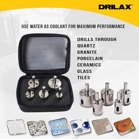 Drilax Diamond Hole Saw Drill Bit Set Longer Tall Version 3/4, 1, 1-3/16, 1- 3/8, 1-5/8 Inch Quartz Granite 3cm Thick Counter-top Ceramic Porcelain Tile 5 Pieces Set Insert Guide Included in Saudi Arabia