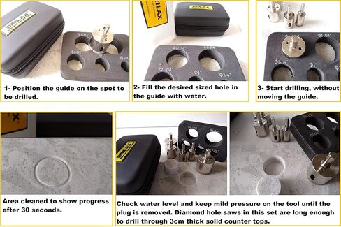 Drilax Diamond Hole Saw Drill Bit Set Longer Tall Version 3/4, 1, 1-3/16, 1- 3/8, 1-5/8 Inch Quartz Granite 3cm Thick Counter-top Ceramic Porcelain Tile 5 Pieces Set Insert Guide Included in Saudi Arabia