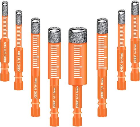 JOERIC 8 PCS Black Dry Diamond Drill Bits Set, Hex Shank Diamond Hole Saw Kit with Storage Bottle, for Granite Marble Tile Ceramic Stone Glass Hard Materials (Not for Wood) with Size 3/16'' to 9/16'' in Kuwait