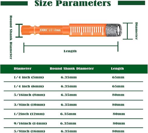 JOERIC 8 PCS Black Dry Diamond Drill Bits Set, Hex Shank Diamond Hole Saw Kit with Storage Bottle, for Granite Marble Tile Ceramic Stone Glass Hard Materials (Not for Wood) with Size 3/16'' to 9/16'' in Kuwait