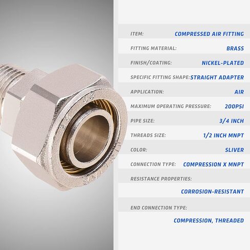 ANCIMOON 3/4 بوصة تركيبات خط هواء مستقيم، 3/4 بوصة أنابيب × 1/2 بوصة تركيبات محول خيوط NPT ذكر، مطلي بالنحاس والنيكل، مطلوب شريط مانع للتسرب، قطعة واحدة لنظام أنابيب الهواء المضغوط لمتجر المرآب in Kuwait