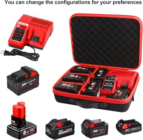 TENMOER Battery Storage Box Organizer,Carrying Case Replacement for Milwaukee M12 M18 18V Battery and Charger Hold 12V M18 18V 2.0/3.0/4.0/5.0/6.0/9.0/12.0Ah Battery-Case Only in Kuwait