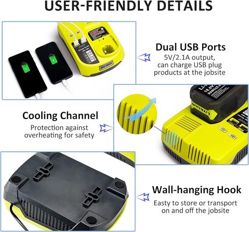 Lilocaja Replacement for Ryobi 18V Battery Charger P117, for P118 3A ONE+ Dual Chemistry Charger, Compatible with Ryobi 12V 14.4V 18V ONE+ Li-Ion Ni-Cd Ni-Mh Battery(Not for 12V/14.4V Li-Ion Battery) in Kuwait