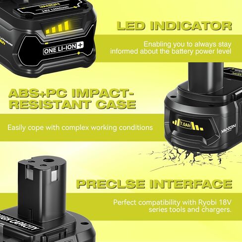 VANON 7.0Ah P108 18v بديل لبطارية ryobi 18v 2 حزمة بطاريات ليثيوم أيون عالية السعة متوافقة مع P108 P102 P103 P104 P105 P106 P107 P109 P122 BPL18151 BPL1820 أداة لاسلكية in Saudi Arabia