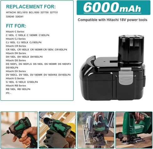 [2Pack] 18V 6.0Ah! High-Output Battery for Hitachi Power Tools BCL1815 BCL1820 BCL1825 BCL1830 BCL1840 EBM1830 327730 327731 Li-ion 18-Volt Battery in Kuwait