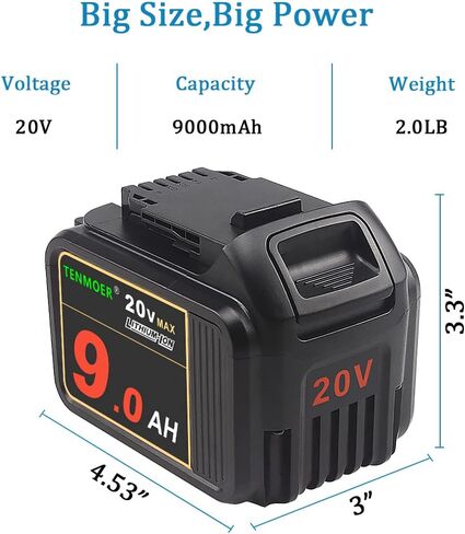 TENMOER 20V Max 9.0Ah Premium Battery Compatible with Dewalt 20V Cordless Tools with Digital Indicator in Kuwait