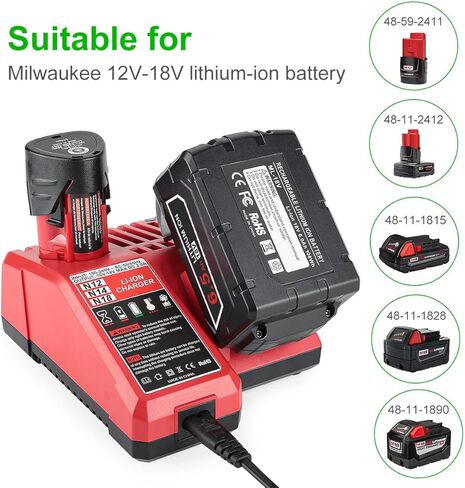 بطارية بديلة 6.0 امبير في الساعة 18 فولت لبطارية ميلووكي M18 وشاحن متوافق مع بطارية ميلووكي 48-11-1852 48-59-1850 48-11-1850 وشاحن بطارية بديل ميلووكي M18 من انتروبوت in Kuwait