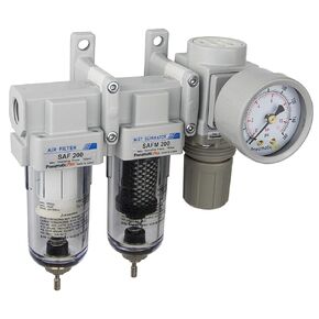 PneumaticPlus SAU230-N02G Three Stage Air Drying System, 1/4" NPT - Particulate Air Filter, Coalescing Filter, Air Pressure Regulator Combo - Poly Bowl, Manual Drain, Bracket, Gauge in Kuwait