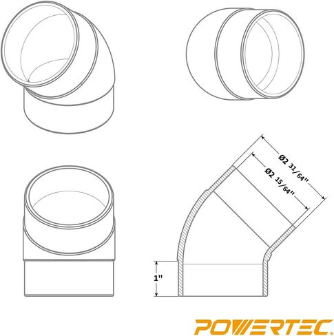 POWERTEC 70182V 2-1/2 بوصة 45 درجة الكوع، موصل جامع الغبار ذو الزاوية اليمنى من بلاستيك ABS، أسود - 1 قطعة in Saudi Arabia