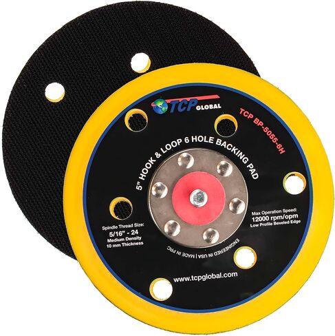 TCP Global 5" DA Sander & Polisher Backing Plate Pad, Hook & Loop, 6 Hole Pattern Dustless - Dual-Action Random Orbital Sanding Pad - Low Profile Edge, Medium Density - for Auto Woodworking Sandpaper in Saudi Arabia